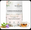 Ayurnama PCOS Balance Tea packaging with tea and herbs on a white background