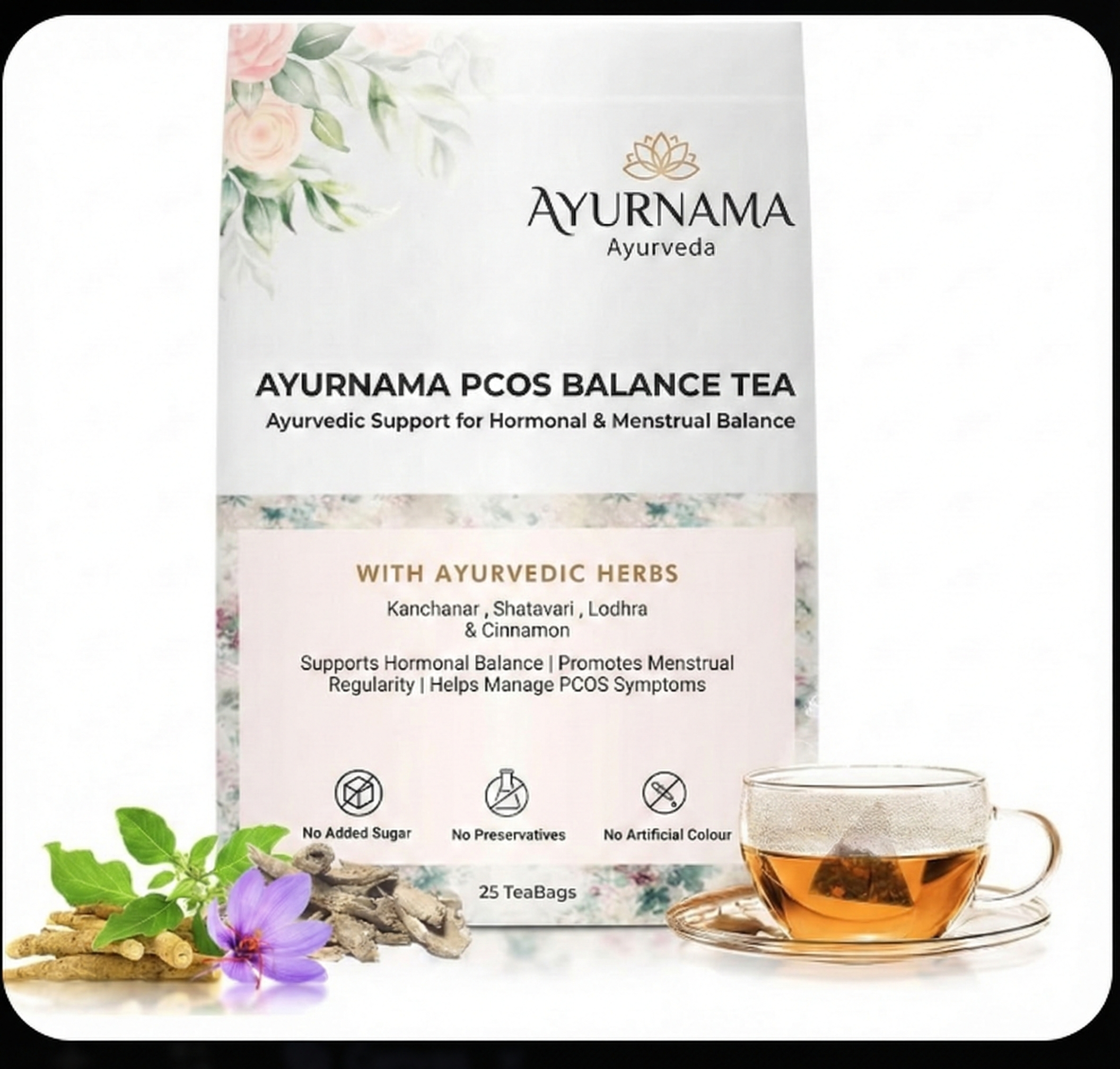 Ayurnama PCOS Balance Tea packaging with tea and herbs on a white background